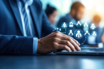 Wall Mural - business professional engaging with digital network icons on tablet device in modern office environm