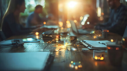 team of developers collaborating on tech project, with digital connections and glowing elements enhancing atmosphere