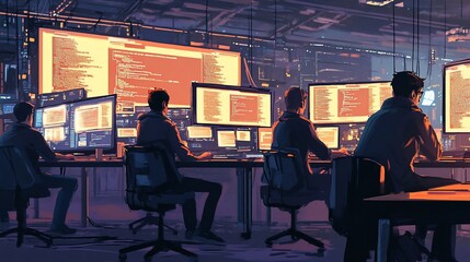 Four coders working late at night in a data center focused on their computer screens