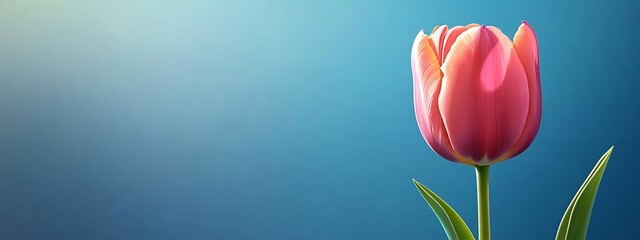 Wall Mural - Single pink tulip on blue background with light