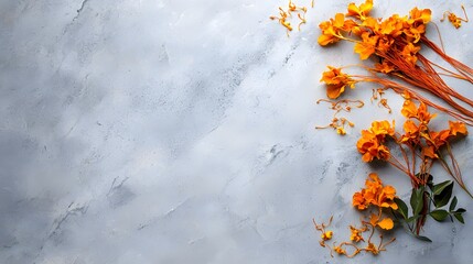 Wall Mural - Vibrant Marigold Flowers and Autumn Foliage Arrangement on Marble Background  Cozy and Warm Seasonal Floral for Thanksgiving or Autumn