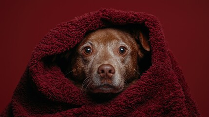 Wall Mural - A cute dog wrapped in a red blanket.