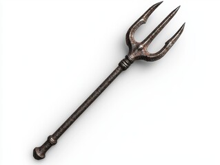 A rusty trident on a white background.