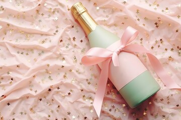 Wall Mural - Champagne bottle with pink bow on blush background with gold confetti. Wedding celebration design. Romantic holiday setup for Valentine day, New Year eve, bridal shower, anniversary with copy space