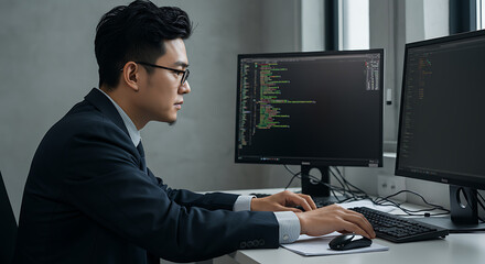 Focused Asian Man In Business Suit Coding On Computer