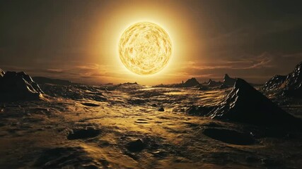 Wall Mural - alien sun rising over the horizon of a rocky, cratered planet