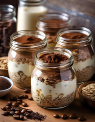 Sticker - Four jars of layered dessert with cocoa powder on top, arranged on a wooden table with coffee beans and ingredients