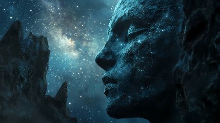 Cosmic being gazes upon starry night landscape. Ancient Cosmic Beings. Illustration