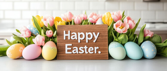 easter day decoration spring holiday, happy easter, Happy Easter sign surrounded by eggs fresh flowers