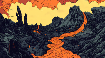 molten lava flow scene: volcanic landscape for nature and geology themes. extreme contrast themes. i