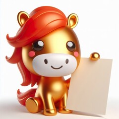 Wall Mural - Cute character 3D image of a red gold horse holding a blank paper with a happy face on a white background