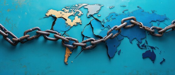 Canvas Print - A chained world map symbolizes global connectivity and restrictions, featuring vibrant colors against a textured blue background.