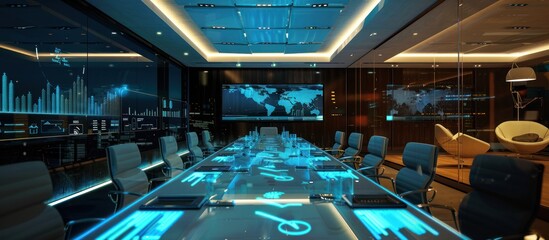 Wall Mural - futuristic modern boardroom with interactive table and data visualizations on screens.