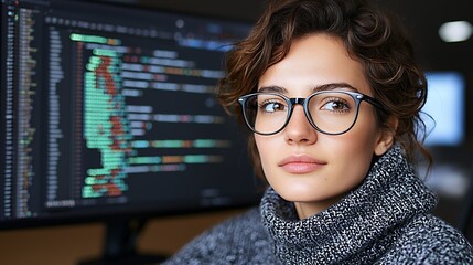 Focused female software developer thoughtfully working late at night, illuminated by the glow of her computer screen displaying in