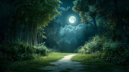 Wall Mural - Enchanting moonlit forest path winding through lush green vegetation under a starry night sky with a full moon creating a dreamy serene and atmospheric landscape