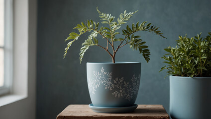 A stock photo shows a potted plant with white flowers. It's displayed on a table against a blue background, ready for potential use in creative projects.