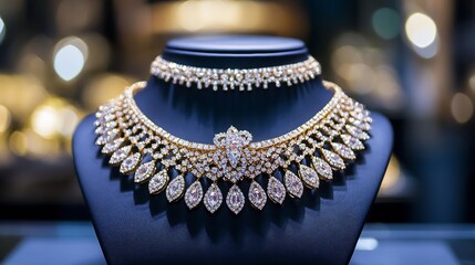 Aufkleber - Stunning Golden Diamond Necklace Displayed in Luxurious Lighting at Jewelry Store : Generative AI