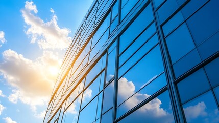 Aufkleber - Stunning Modern Glass Building Reflecting Blue Sky and Clouds at Sunset : Generative AI