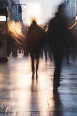 Aufkleber - Urban Motion Blur with Silhouettes of People Walking at Dusk : Generative AI