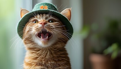 portrait of a happy cat wearing a leprechaun hat, St. Patrick's Day concept.