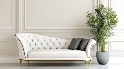 Aufkleber - Elegant modern white tufted sofa with decorative pillows and green plant in stylish interior setting : Generative AI