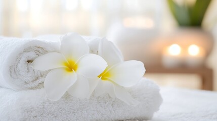 Poster - Spa towels rolled with a beautiful flower on a serene background providing a calming and tranquil atmosphere : Generative AI