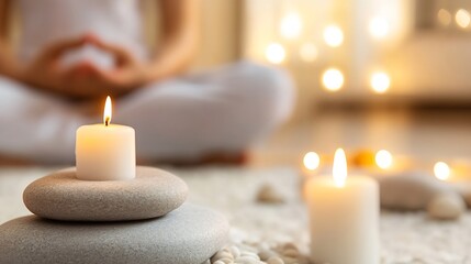 Leinwandbilder - Candles and stones arranged for a peaceful meditation session enhancing a serene and calming ambiance : Generative AI