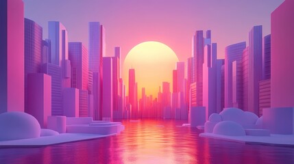 Wall Mural - Sunset over stylized city skyline reflected in water.