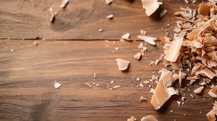 Fototapete - Wood Shavings and Dust on Rustic Wooden Surface with Textures for Craft Work and DIY Projects : Generative AI