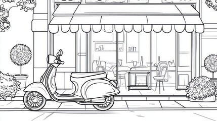 Wall Mural - Scooter parked outside cafe, city street, bistro background; coloring page