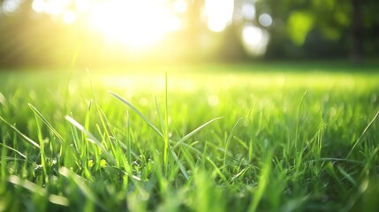 Fototapete - Lush Green Grass Blades Glowing in Sunlight Capturing Morning Serenity and Nature's Beauty : Generative AI