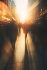 Poster - Blurred figures walking on a street bathed in sunlight creating a sense of rush and life : Generative AI