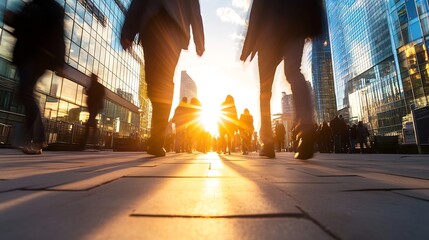 Aufkleber - Urban sunset scene with silhouettes of people walking during golden hour in a modern cityscape : Generative AI