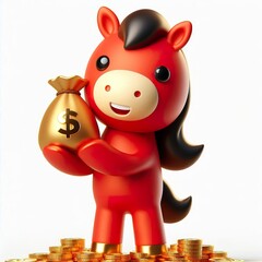 Wall Mural - Cute character 3D image of a red gold horse holding a gold stack with a happy face on a white background