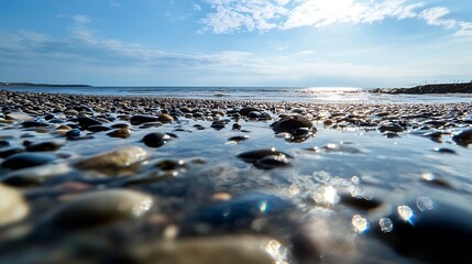 Poster - Serene shoreline with pebbles at low tide under a bright blue sky and soft sunlight reflecting on the water surface : Generative AI