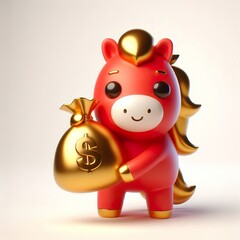 Wall Mural - Cute character 3D image of a red gold horse holding a gold stack with a happy face on a white background