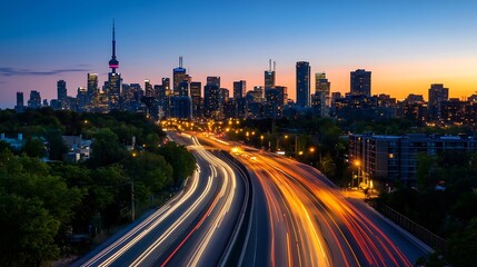 Poster - Stunning Toronto Skyline at Dusk with Beautiful Light Trails on Busy City Highway : Generative AI
