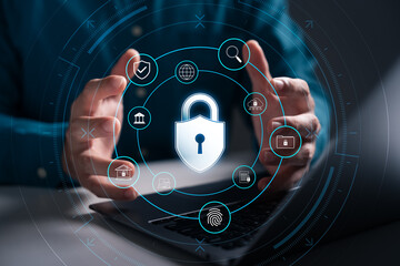 Wall Mural - cyber ​​security, firewalls, internet security, data protection digital crime, businessman protects 