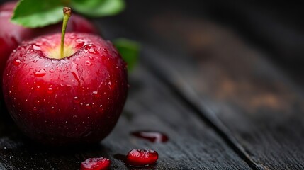 Aufkleber - Fresh Red Apples with Raindrops on a Dark Wooden Surface Creating an Appealing Still Life : Generative AI