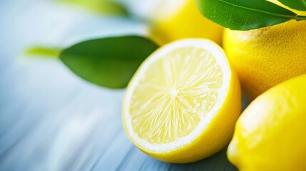 Poster - Fresh and Juicy Lemons on a Soft Blue Background with Leaves Highlighting Natural Vibrance and Texture : Generative AI
