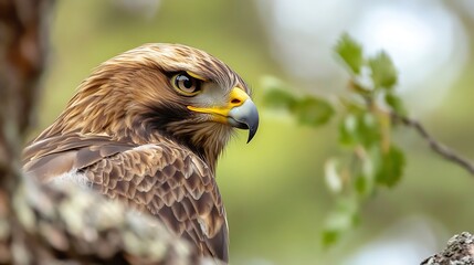 majestic eagle perched on a branch showcasing its sharp eyes and beautiful feathers in a natural set