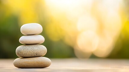 Fototapete - Calm and Serene Stack of Smooth Pebbles Balanced on Each Other with Blurred Natural Background : Generative AI