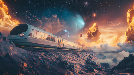 Wall Mural - futuristic train journey through cosmic landscape interstellar space digital art surreal environment