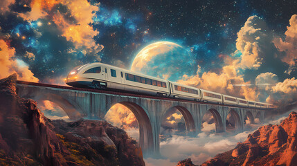 Wall Mural - futuristic train journey through cosmic landscape interstellar space digital art surreal environment
