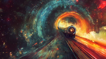Wall Mural - futuristic train journey through cosmic landscape interstellar space digital art surreal environment