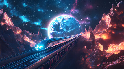 Wall Mural - futuristic train journey through cosmic landscape interstellar space digital art surreal environment