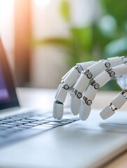 Leinwandbilder - Futuristic Robotic Arm Typing on Laptop Keyboard in Modern Workspace : Generative AI