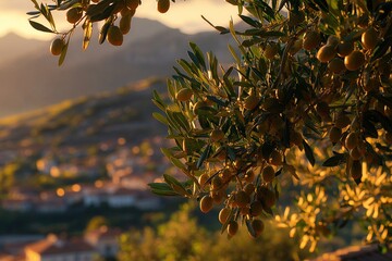 Wall Mural - Golden Olive Branches Glisten in Sunset's Embrace, Overlooking a Serene Village Landscape at Dusk