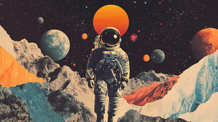 Wall Mural - retro futurism collage showcasing an astronaut in space with planets and a shuttle. interstellar cul