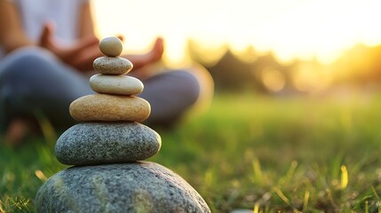 Fototapete - Serene Stack of Stones at Sunset Symbolizing Calm and Mindfulness in Nature : Generative AI